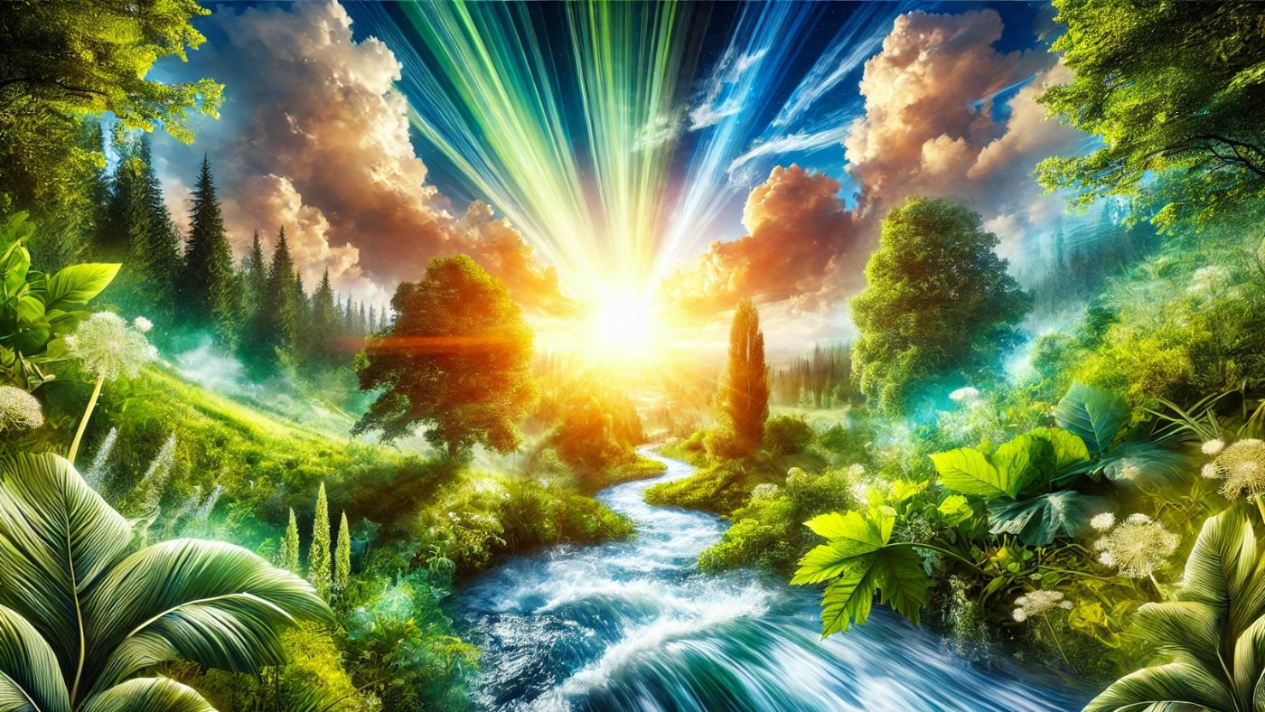 A vibrant and energetic natural landscape with a bright sunrise, symbolizing natural energy and vitality.