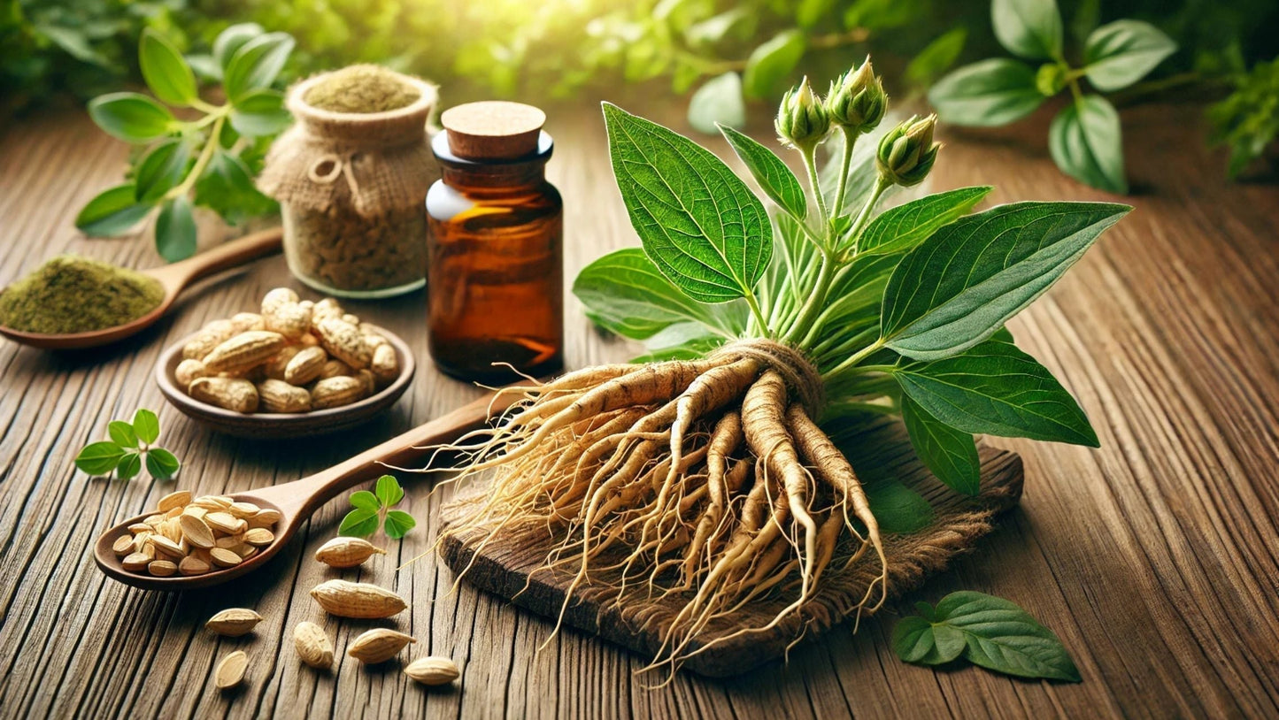 A close-up of ashwagandha plants with roots, traditionally prepared in Ayurveda. 