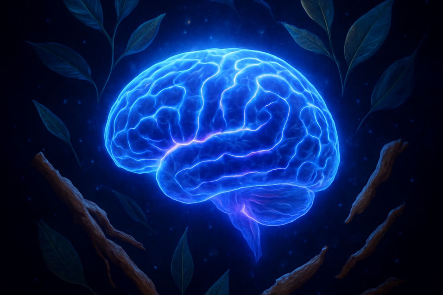 A glowing human brain rendered in electric blue and violet light, surrounded by floating botanical elements like ashwagandha leaves and root fragments. Dark background, cinematic and dramatic lighting.