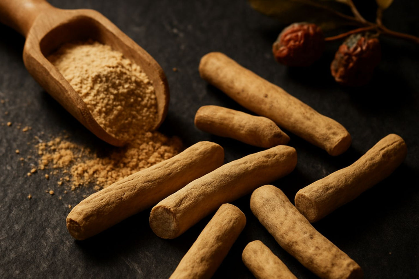 Close-up macro shot of ashwagandha root and powder on a dark slate surface, dramatic side lighting casting deep shadows, scattered dried berries and leaves, rich earth tones, cinematic depth of field, editorial health photography style.