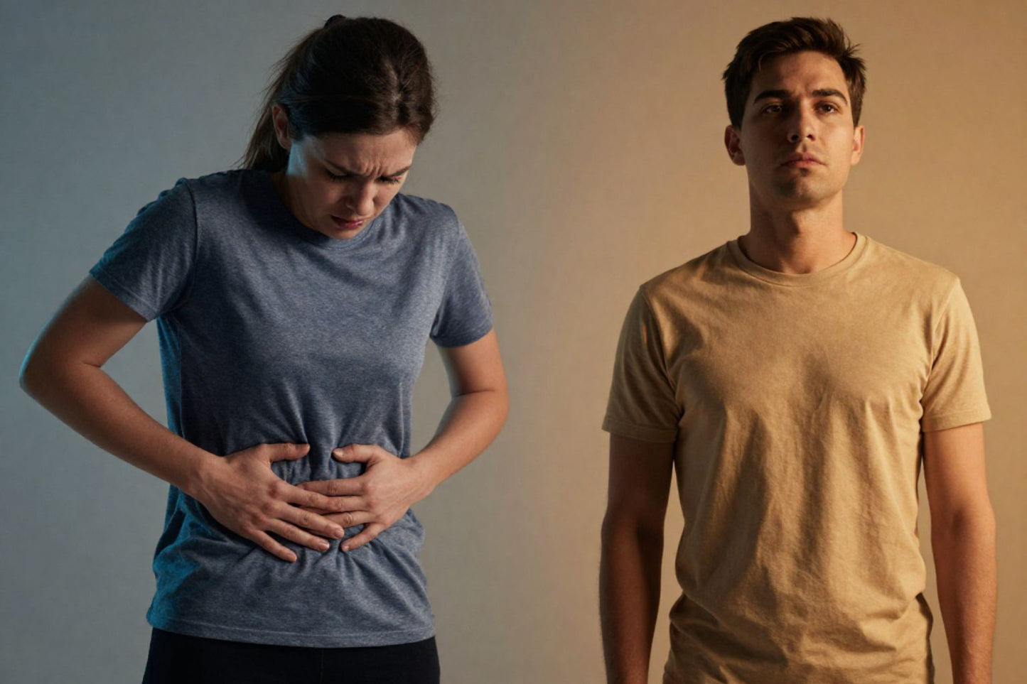 Dramatic split image — left side: a stressed person holding their midsection with visible tension, right side: the same person relaxed and lighter, warm gradient background, cinematic lighting, photorealistic health editorial style