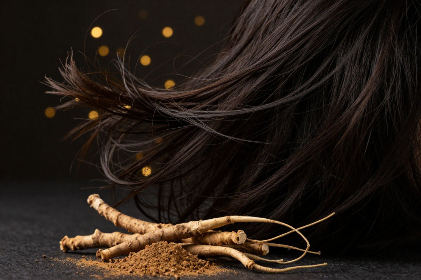 Dramatic close-up of lush, thick dark hair blowing in wind, with ashwagandha root and powder artistically placed in the foreground on a dark moody background. Golden bokeh lighting. Cinematic photography style. High contrast. Health editorial aesthetic.