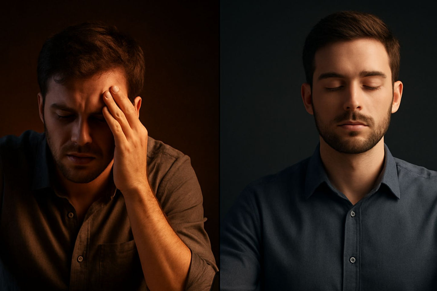 A split cinematic scene — one side showing a stressed person surrounded by chaos and junk food, the other side showing the same person calm and centered with ashwagandha supplements on a clean desk, dramatic studio lighting, high contrast, photorealistic.