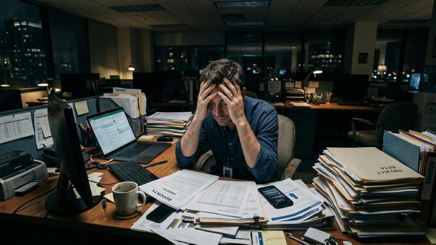 A stressed professional in their late 30s sitting at a cluttered desk in dim office lighting, head resting in hands, surrounded by papers and a cold cup of coffee.