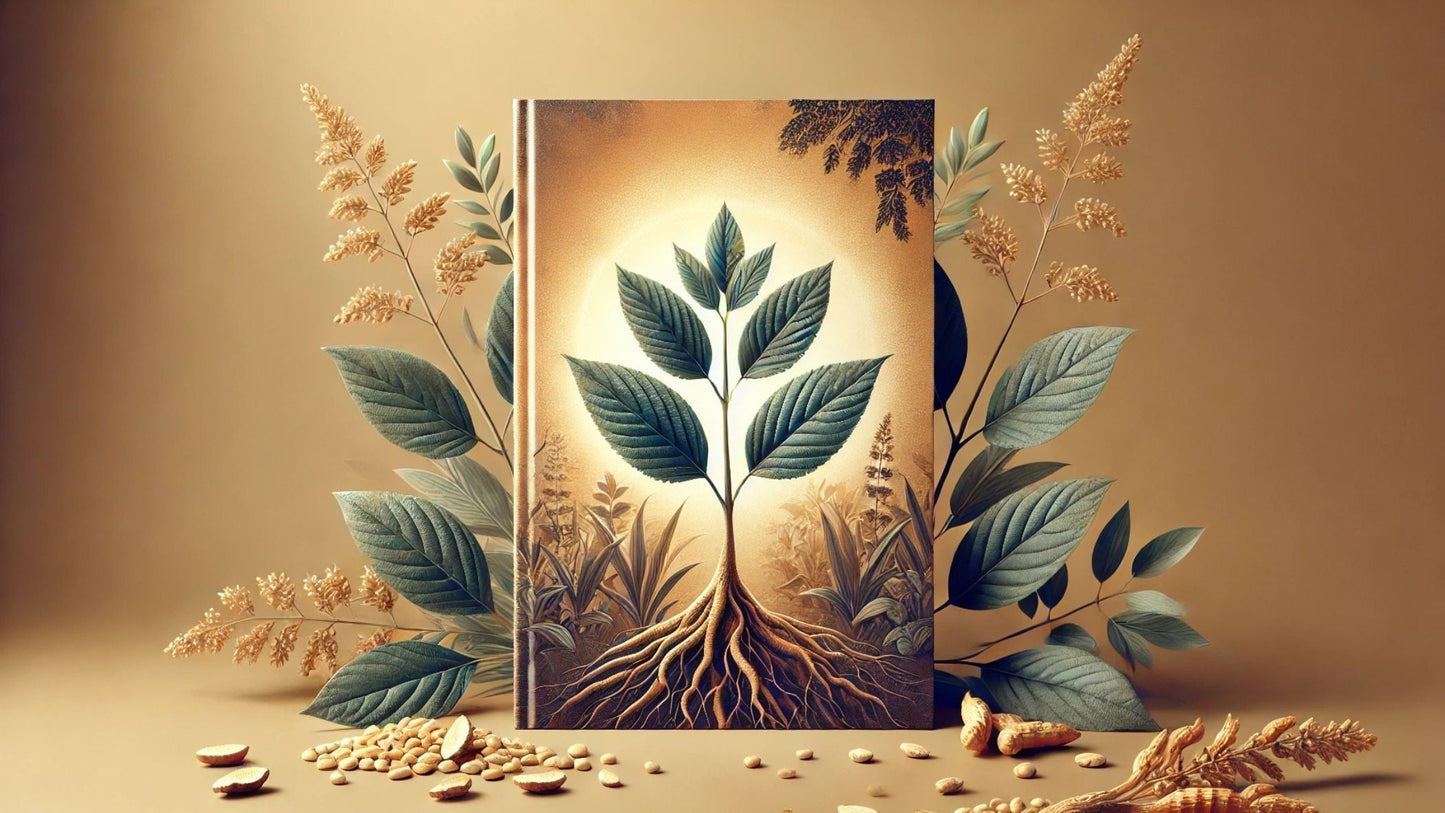 A visually appealing cover image featuring ashwagandha roots and leaves in a natural setting, with a calming and earthy aesthetic. 